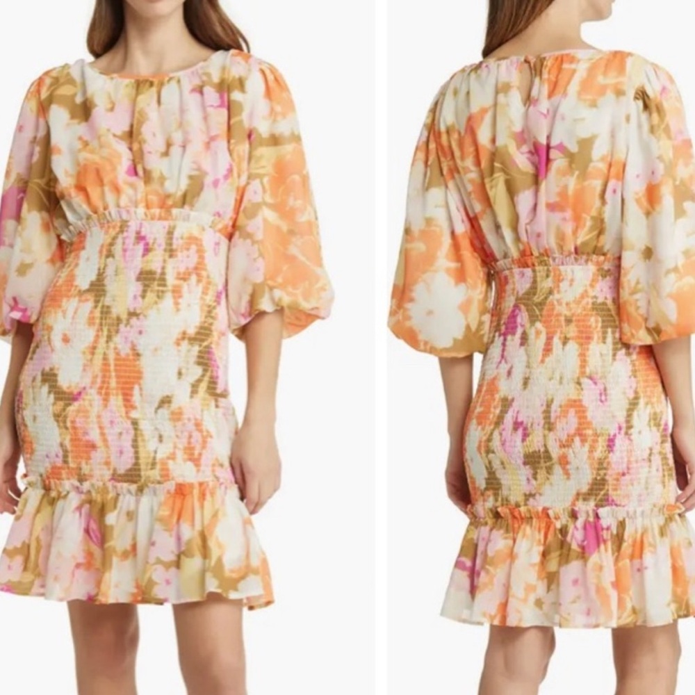 Rachel Parcell Floral Smocked Chiffon Tulip Dress Size M
